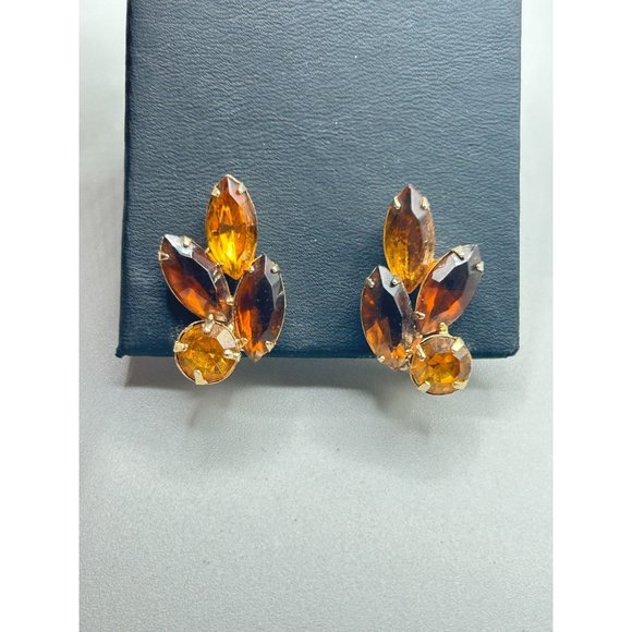 Vintage Rhinestone Earrings Clip On Topaz Glass Navette Marquise Shape Prong Set - Picture 3 of 8